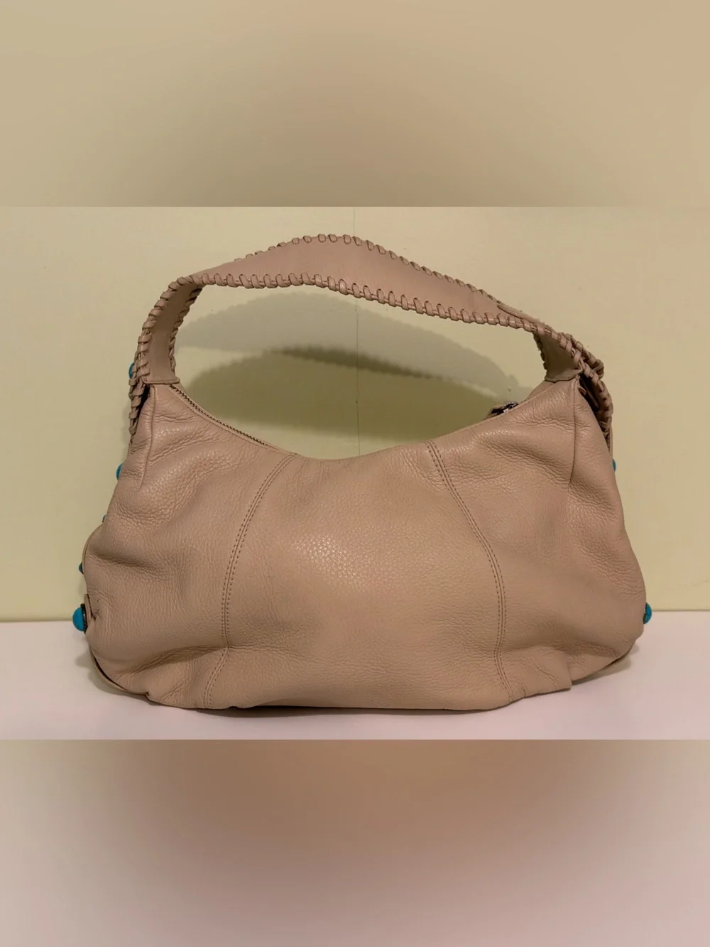 Franco Sarto Leather Hobo Shoulder Bag Beige Faux Turquoise Bead Accents REFURB